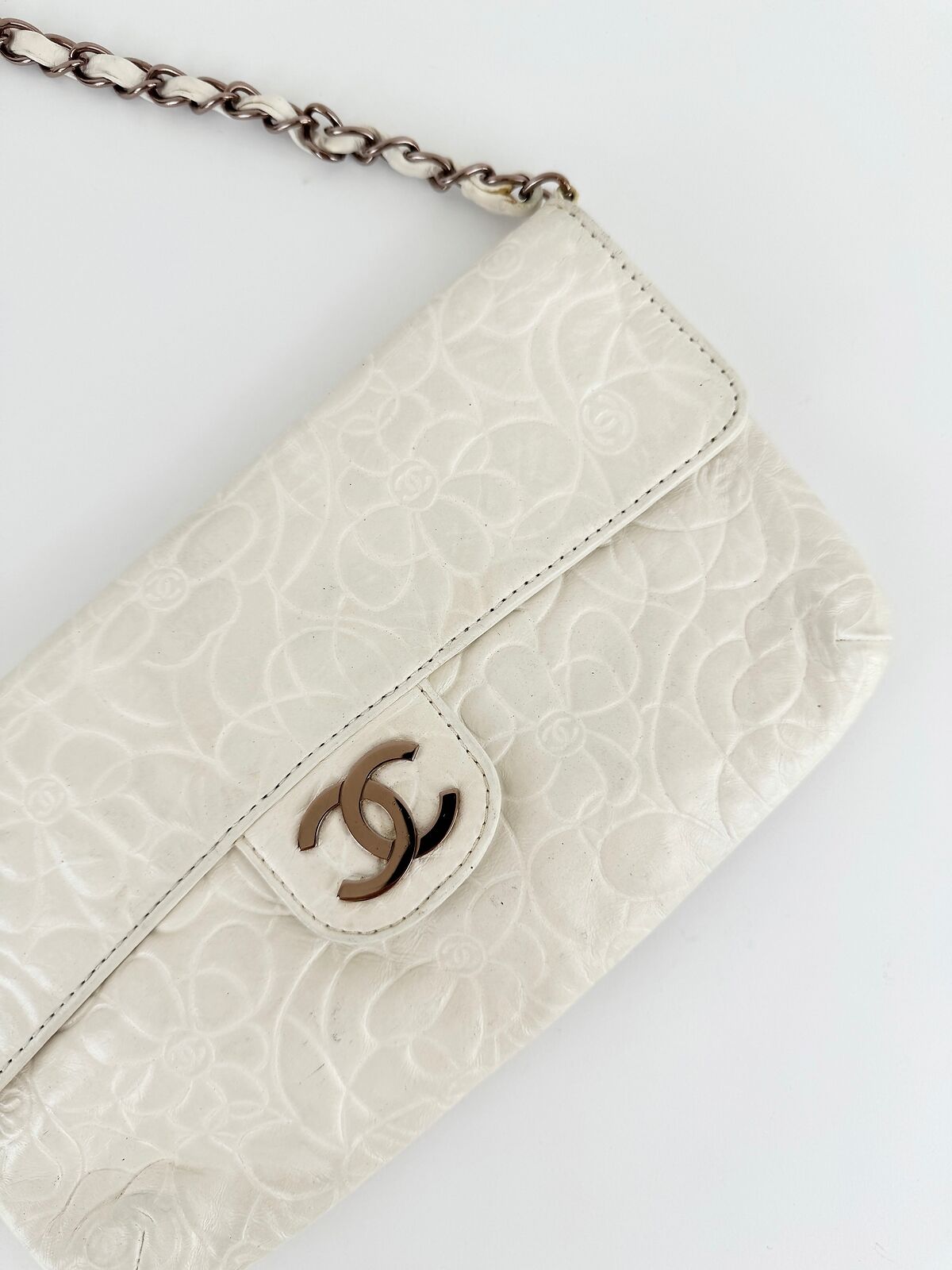 Chanel Camellia Classic Single Flap White Shoulder Bag