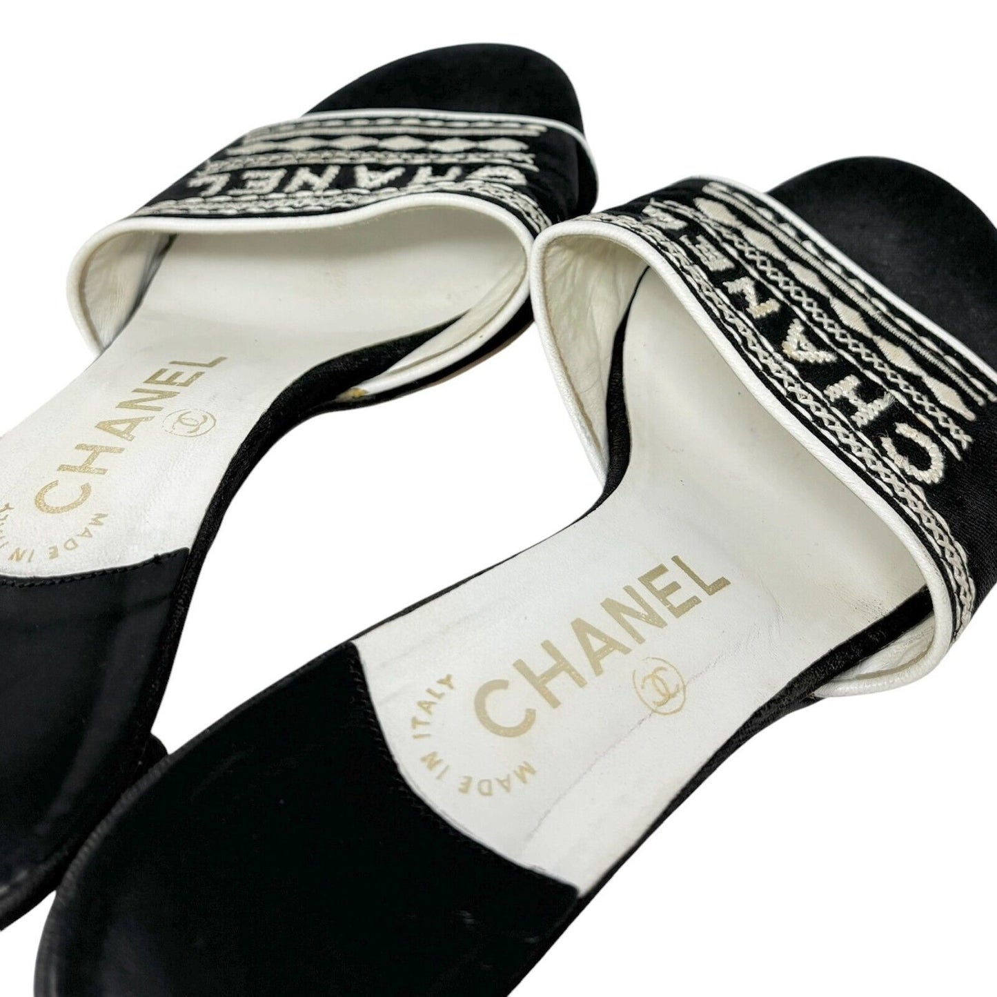 Chanel Jacquard Logo Embroidered Sandals Black White Linen