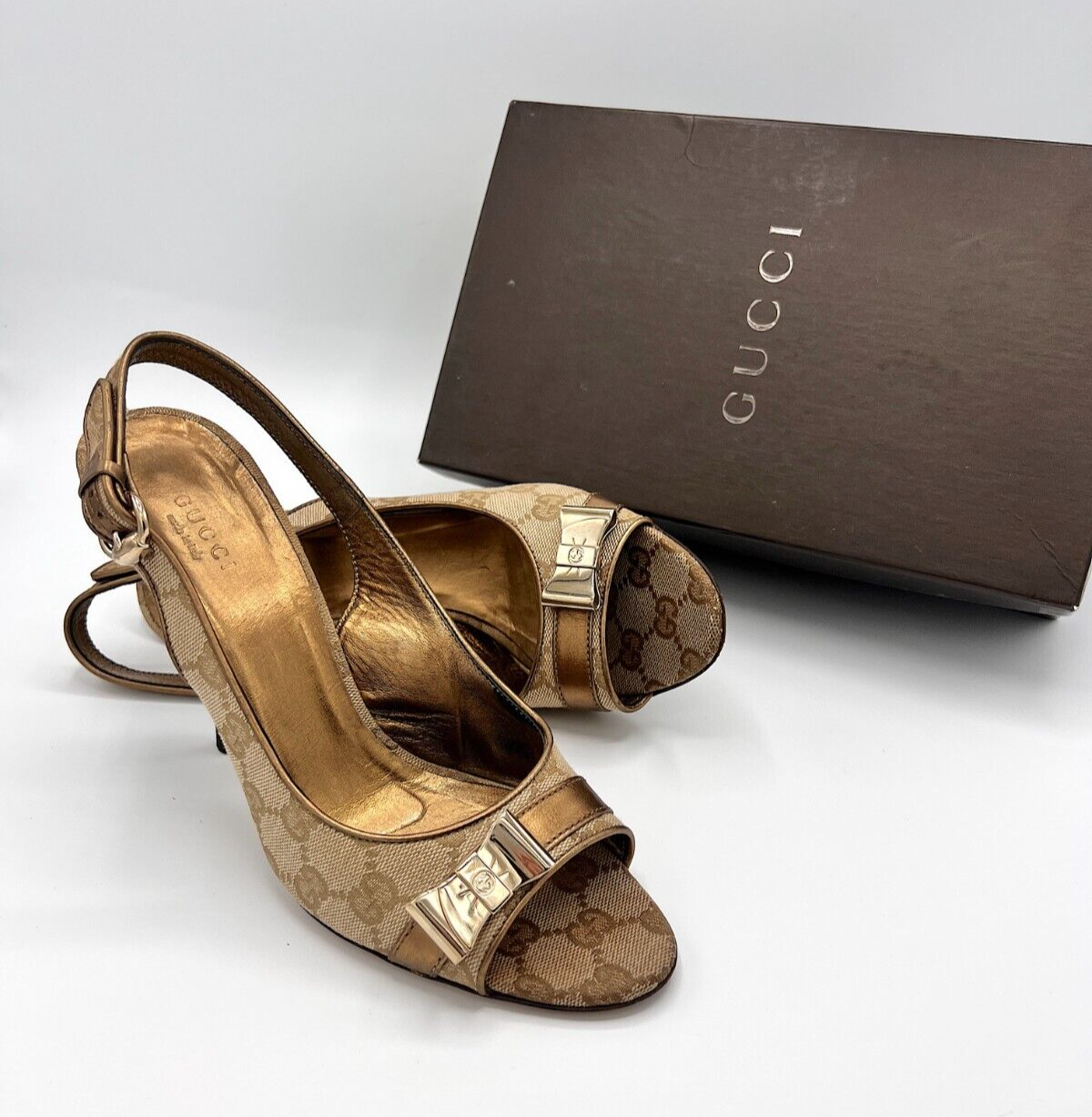 Beige Gucci Monogram Slingback Heels
