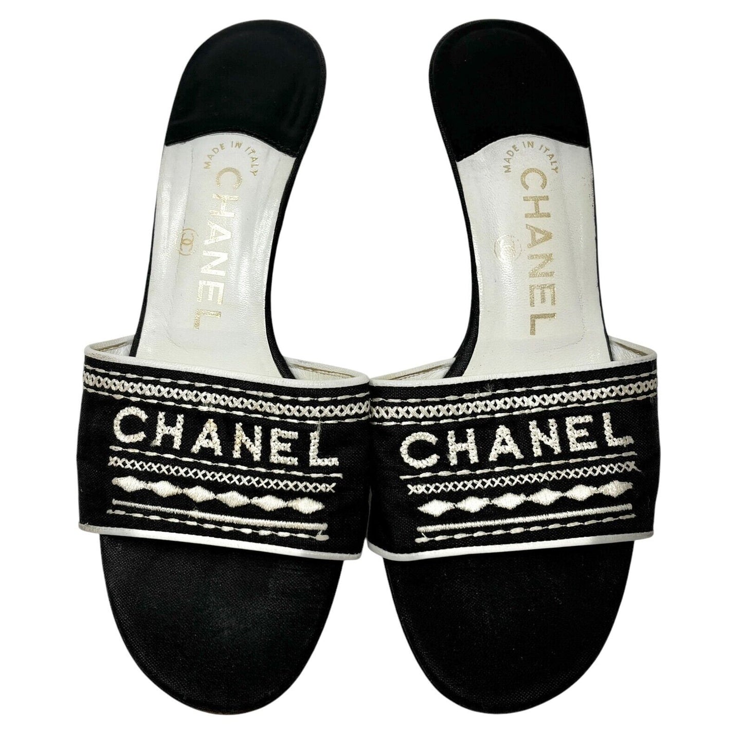Chanel Jacquard Logo Embroidered Sandals Black White Linen
