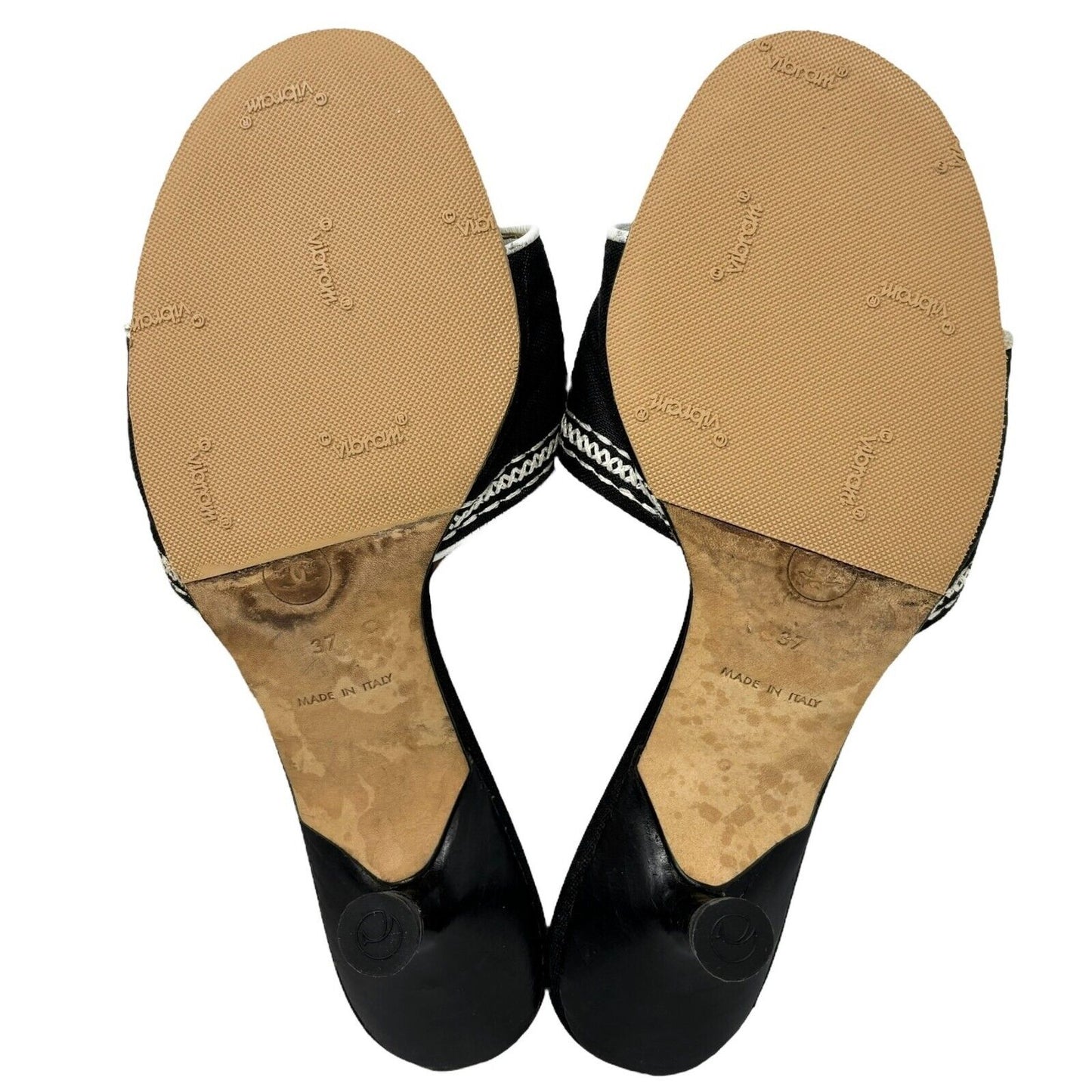 Chanel Jacquard Logo Embroidered Sandals Black White Linen