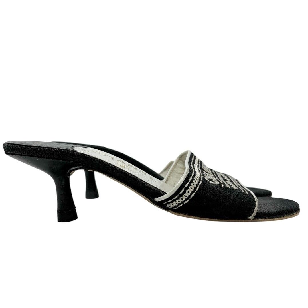 Chanel Jacquard Logo Embroidered Sandals Black White Linen