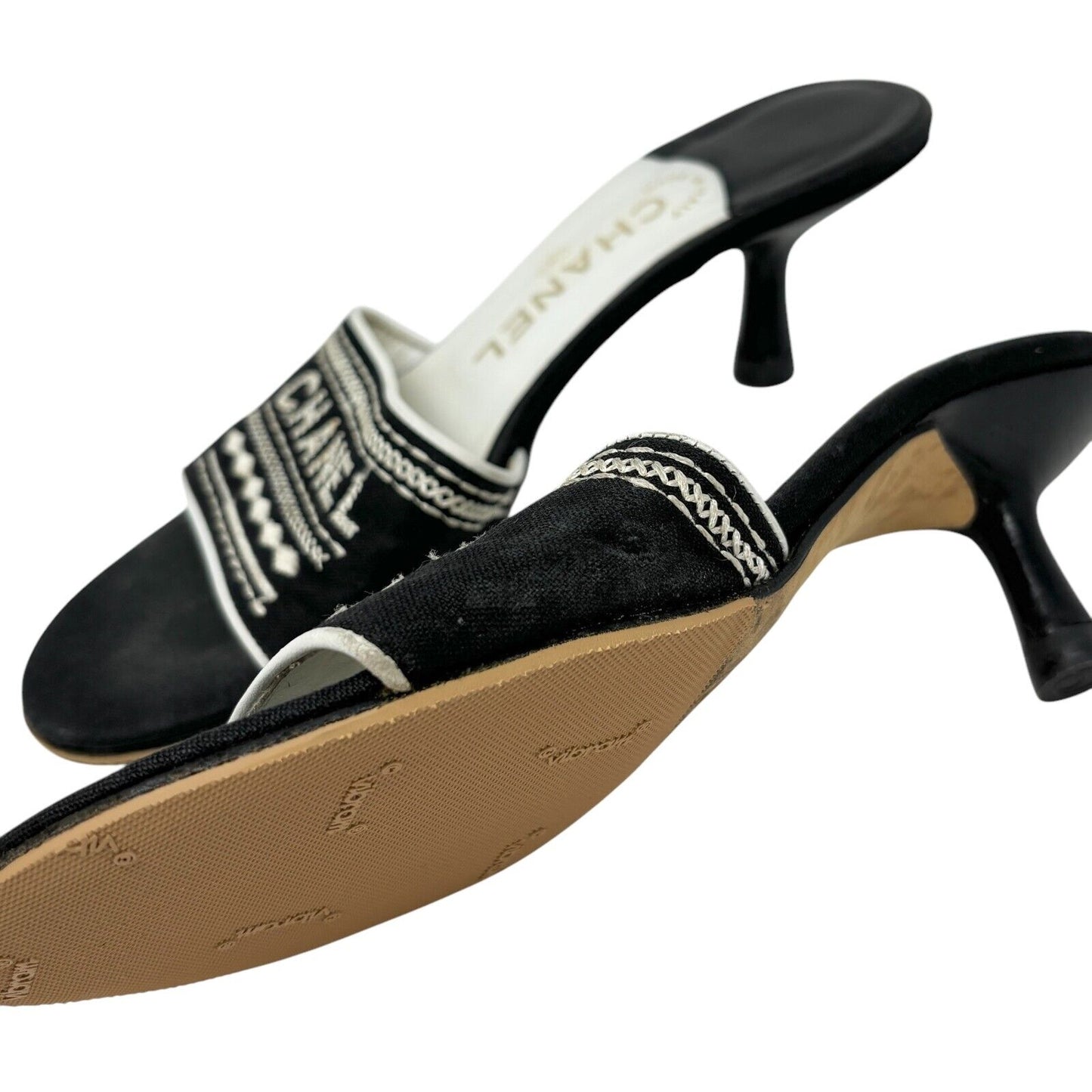 Chanel Jacquard Logo Embroidered Sandals Black White Linen