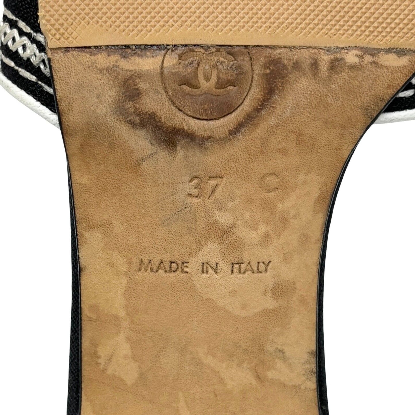 Chanel Jacquard Logo Embroidered Sandals Black White Linen