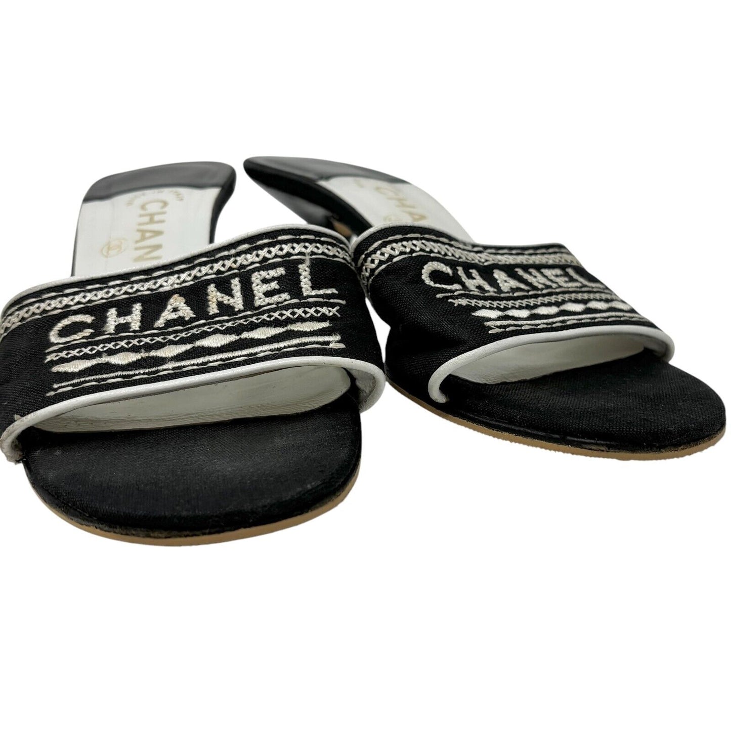 Chanel Jacquard Logo Embroidered Sandals Black White Linen