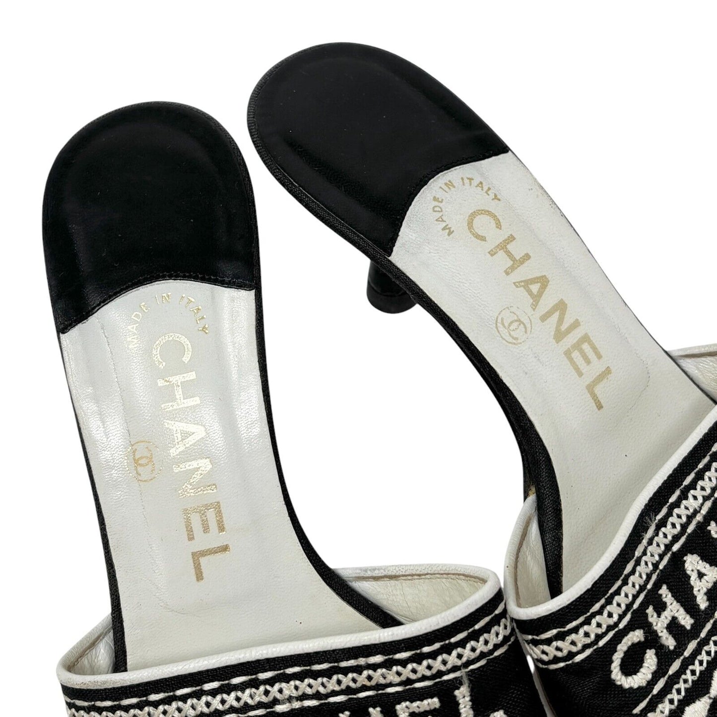 Chanel Jacquard Logo Embroidered Sandals Black White Linen