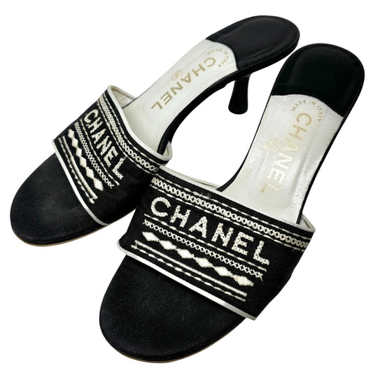 Chanel Jacquard Logo Embroidered Sandals Black White Linen